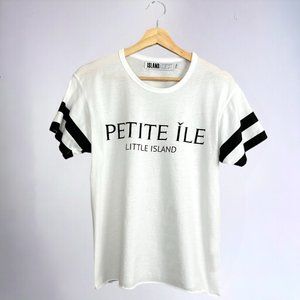 Island Addict White Short Sleeve Graphic Print T-Shirt w/ Stripes Size Small